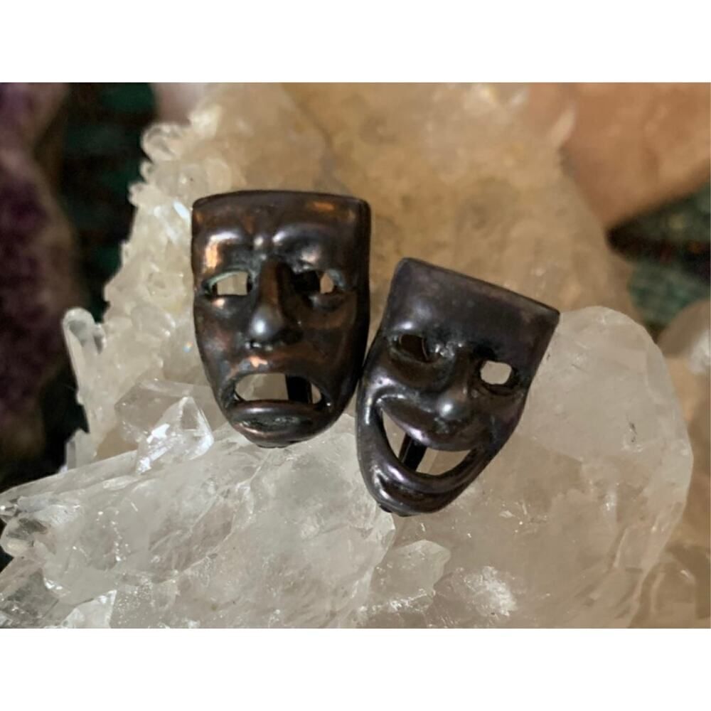 Vintage Theater Mask Clipback earrings, In Metal, Unsigned
